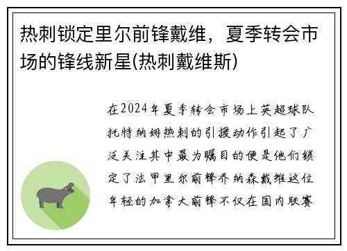 热刺锁定里尔前锋戴维，夏季转会市场的锋线新星(热刺戴维斯)