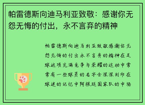 帕雷德斯向迪马利亚致敬：感谢你无怨无悔的付出，永不言弃的精神