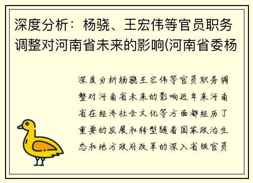 深度分析：杨骁、王宏伟等官员职务调整对河南省未来的影响(河南省委杨晓捷简介)