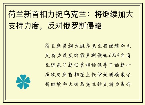 荷兰新首相力挺乌克兰：将继续加大支持力度，反对俄罗斯侵略