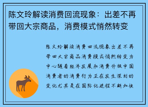 陈文玲解读消费回流现象：出差不再带回大宗商品，消费模式悄然转变