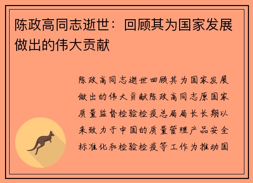 陈政高同志逝世：回顾其为国家发展做出的伟大贡献