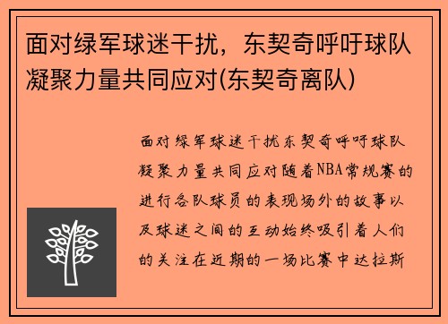 面对绿军球迷干扰，东契奇呼吁球队凝聚力量共同应对(东契奇离队)