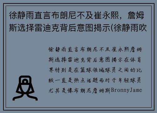 徐静雨直言布朗尼不及崔永熙，詹姆斯选择雷迪克背后意图揭示(徐静雨吹詹姆斯)