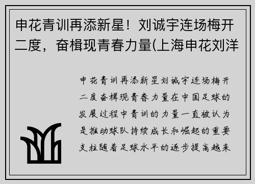 申花青训再添新星！刘诚宇连场梅开二度，奋楫现青春力量(上海申花刘洋)