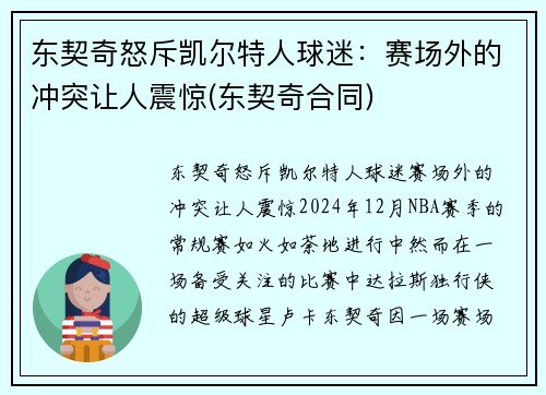 东契奇怒斥凯尔特人球迷：赛场外的冲突让人震惊(东契奇合同)