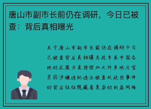 唐山市副市长前仍在调研，今日已被查：背后真相曝光