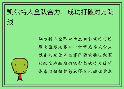 凯尔特人全队合力，成功打破对方防线