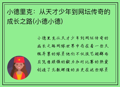 小德里克：从天才少年到网坛传奇的成长之路(小德小德)