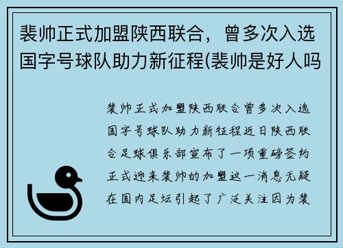 裴帅正式加盟陕西联合，曾多次入选国字号球队助力新征程(裴帅是好人吗)